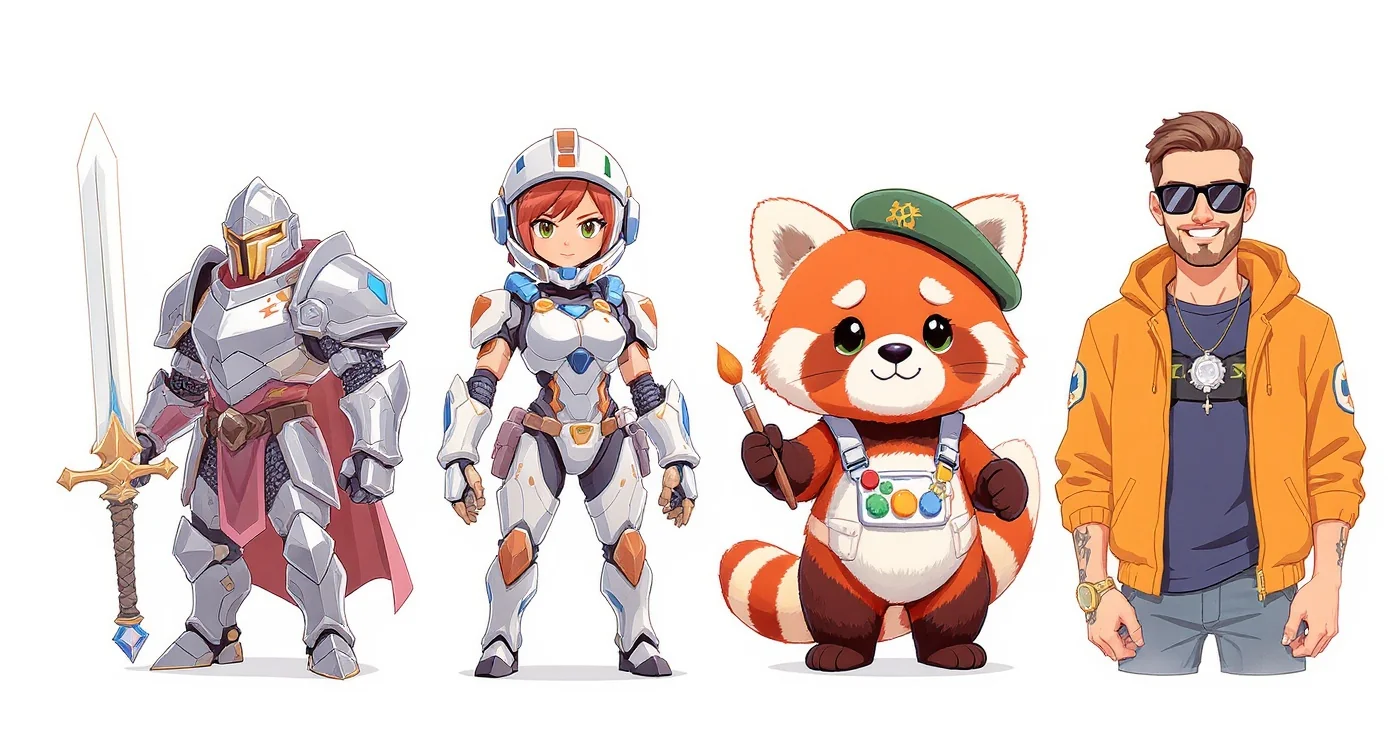 A lineup of four diverse 2D characters in a flat vector style: a fantasy knight, a sci-fi explorer, a cartoon red panda, and a modern man, showcasing custom character creation.