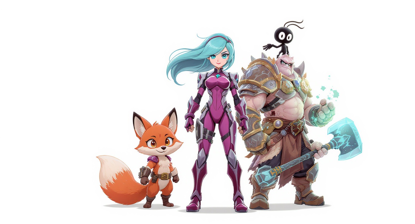 A collection of diverse 2D character designs, including a futuristic hero, a chibi fox, and a fantasy warrior, showcasing creative variety in a vector art style.