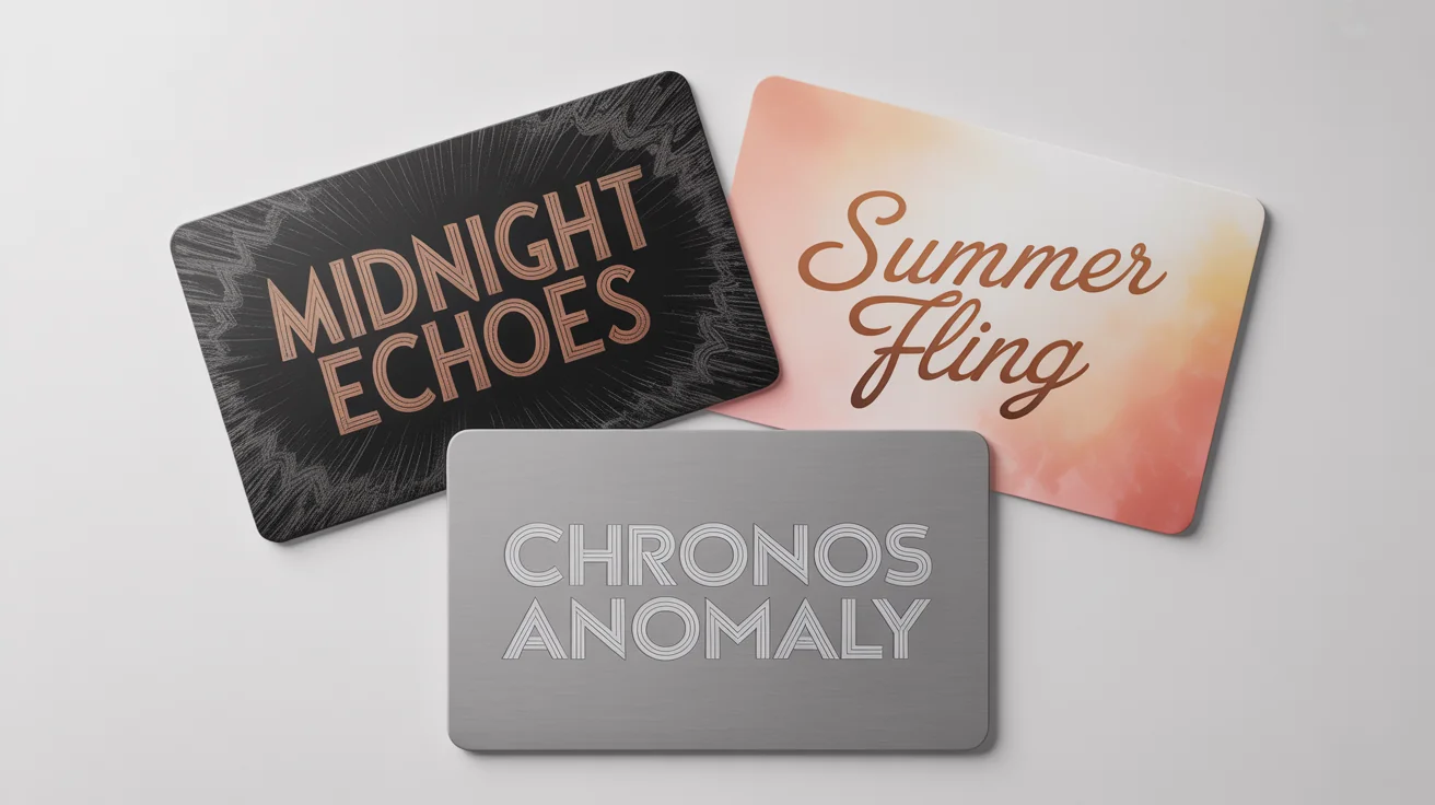 A mockup showcasing three different movie title cards, each with a unique font and style, representing thriller, romance, and sci-fi genres, arranged on a white background.