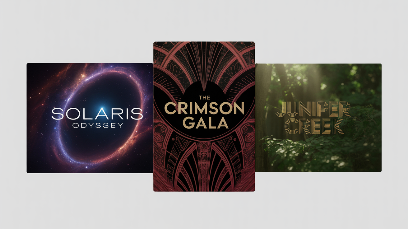 Three distinct movie title card mockups on a white background, showcasing different fonts: a futuristic font for 'Solaris Odyssey', an elegant script for 'The Crimson Gala', and a rustic font for 'Juniper Creek'.