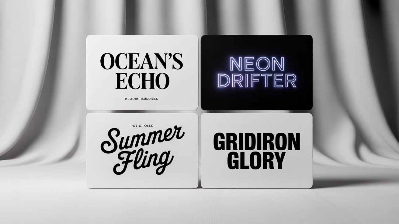 A mockup showcasing four distinct cinematic title card fonts on a white background, demonstrating styles for drama, cyberpunk, romantic comedy, and sports genres.