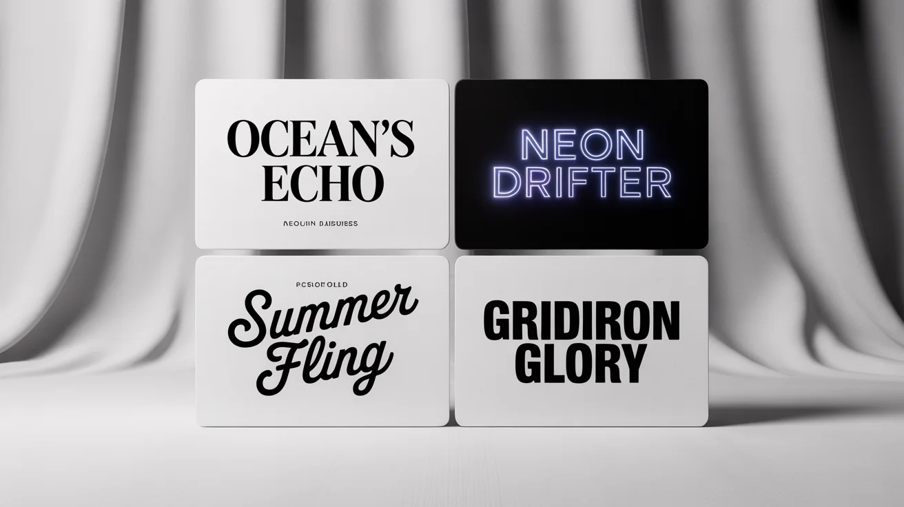 A mockup showcasing four distinct cinematic title card fonts on a white background, demonstrating styles for drama, cyberpunk, romantic comedy, and sports genres.