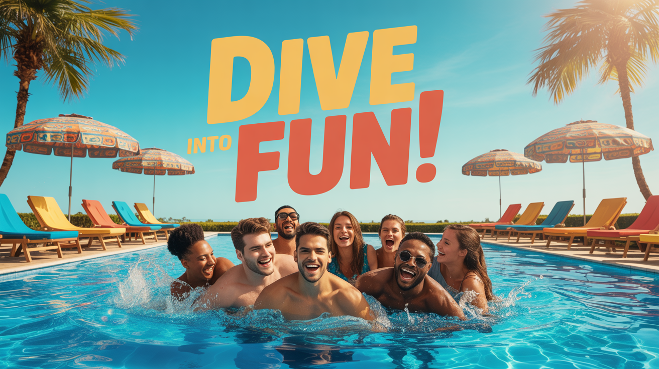 A finished poster for a swimming pool party, featuring a sunny photo of diverse friends enjoying the water. Bold text on the poster reads 'Dive into Fun!'.