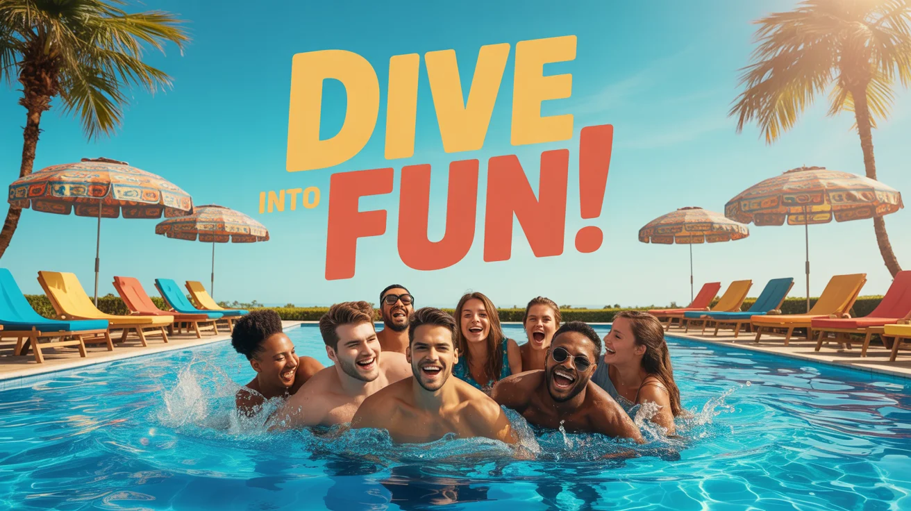 A finished poster for a swimming pool party, featuring a sunny photo of diverse friends enjoying the water. Bold text on the poster reads 'Dive into Fun!'.