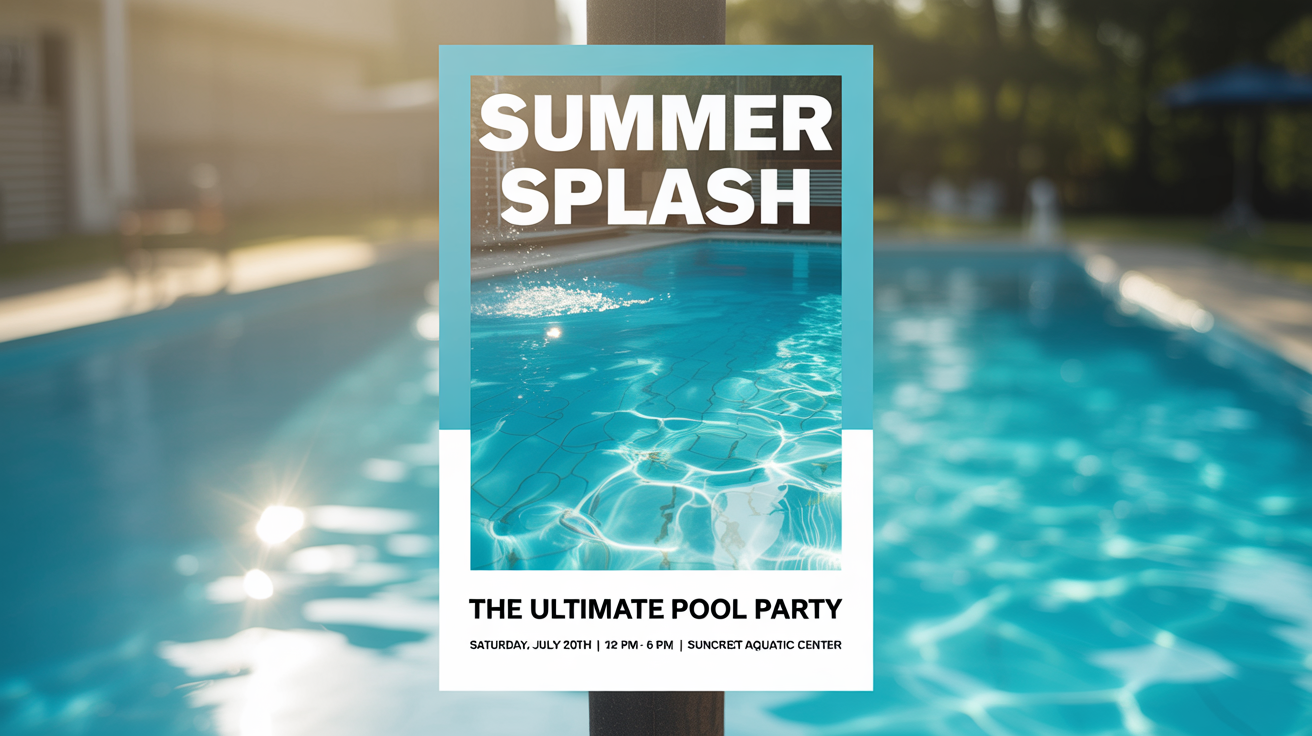 A mockup of a swimming pool party poster with the headline 'SUMMER SPLASH'. The poster features a bright, clean design with an image of a sparkling turquoise pool against a white background.