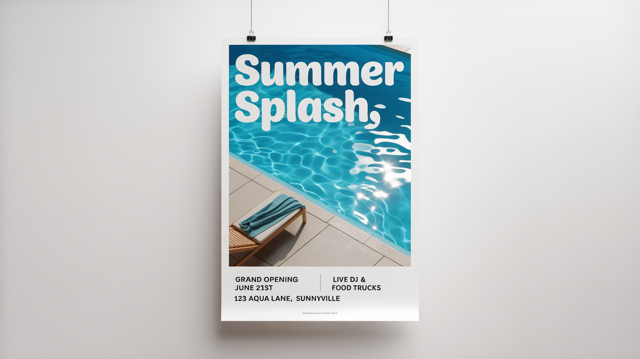 A modern poster mockup for a 'SUMMER SPLASH' swimming pool grand opening, featuring a picture of a sparkling blue pool and event details, set against a white background.
