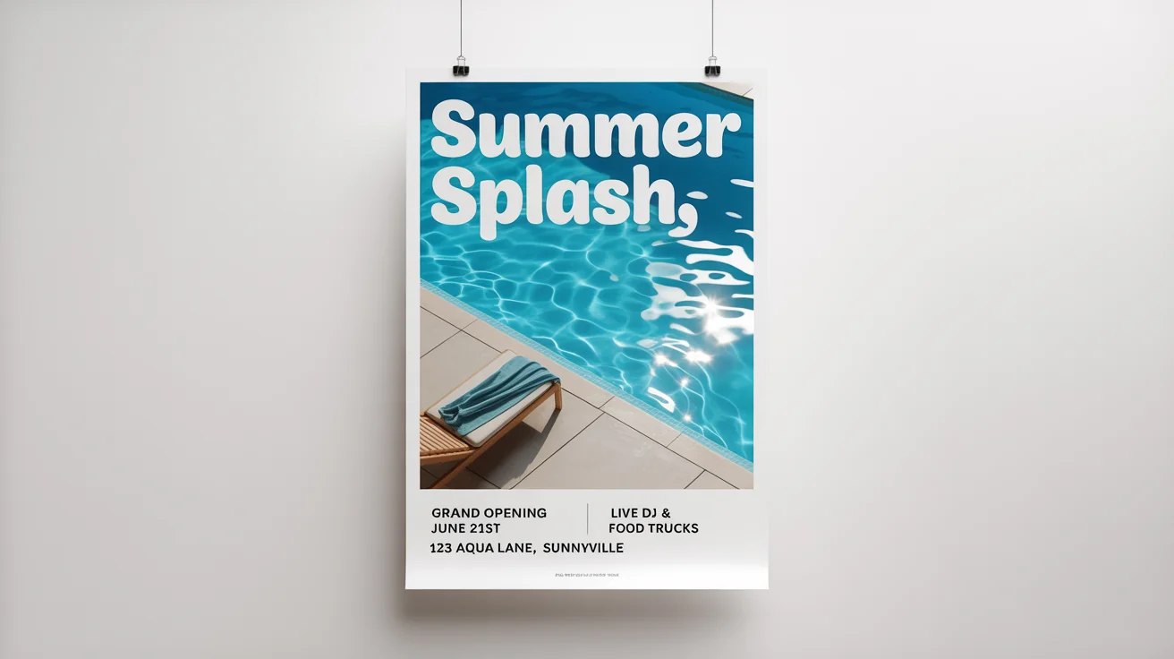 A modern poster mockup for a 'SUMMER SPLASH' swimming pool grand opening, featuring a picture of a sparkling blue pool and event details, set against a white background.