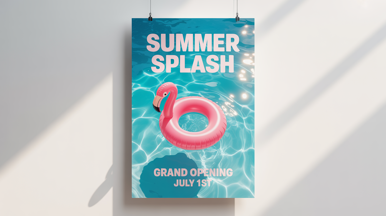 A vibrant mockup of a swimming pool poster against a white background. The poster features a clear blue pool, a pink flamingo float, and text that reads 'SUMMER SPLASH, GRAND OPENING, JULY 1ST'.