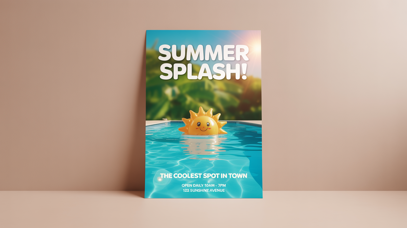 A mockup of a vibrant summer poster for a swimming pool. It features a top-down view of a blue pool with a yellow floatie and has text that reads 'Summer Splash! The Coolest Spot in Town'.