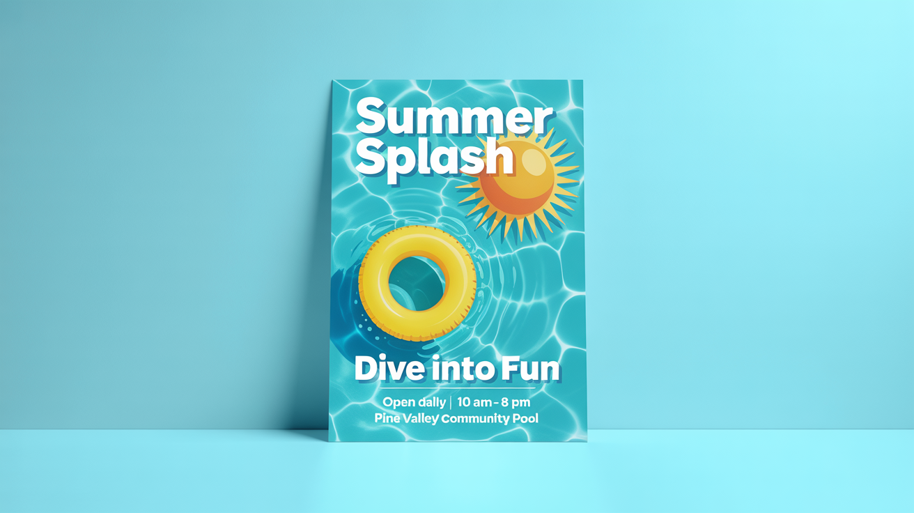 A mockup of a modern swimming pool poster against a white background. The poster reads 'SUMMER SPLASH' and features a graphic illustration of a bright blue pool.