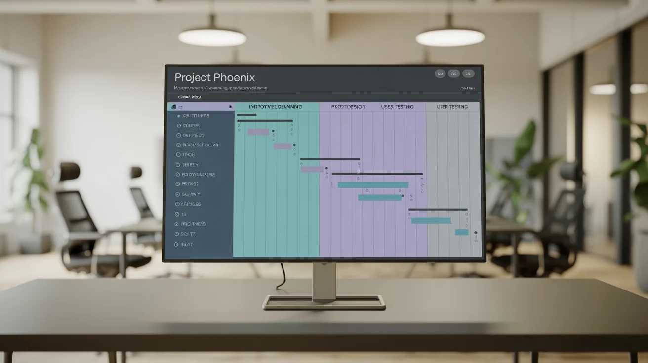 A close-up of a modern computer screen displaying a professionally designed Gantt chart with colorful task bars, project timelines, and clear labels, representing a final project plan.