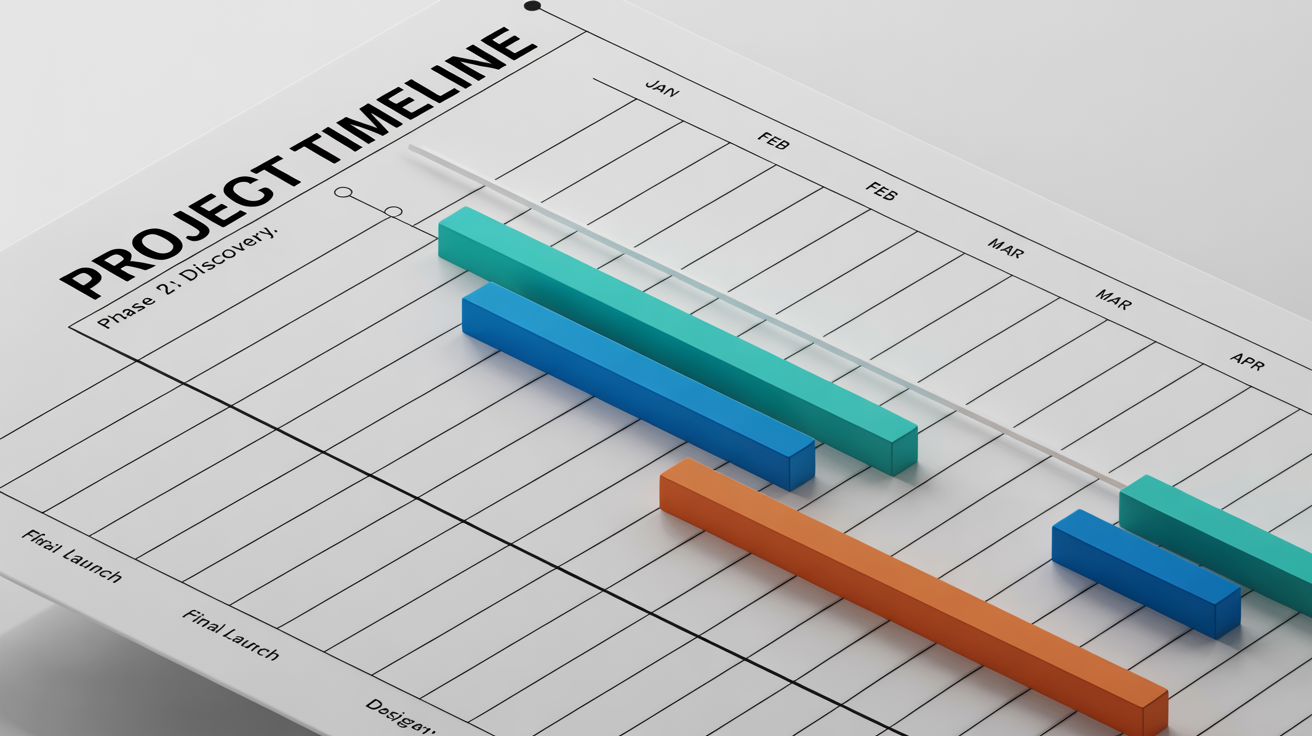 A 3D mockup of a modern Gantt chart showing a project schedule with colorful bars and task labels against a clean white background.