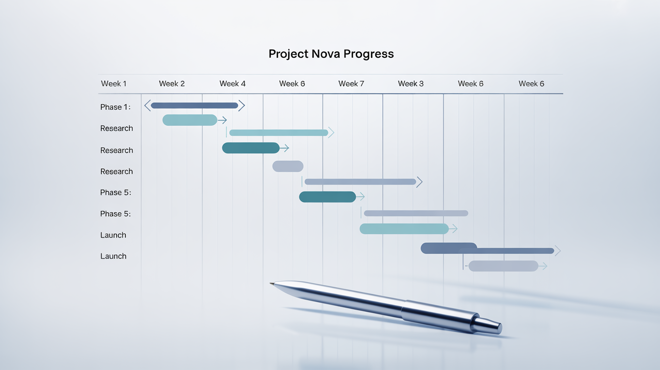 A clean and modern Gantt chart demonstrating a project timeline, with tasks like 'Research', 'Design', and 'Development' plotted over several weeks.