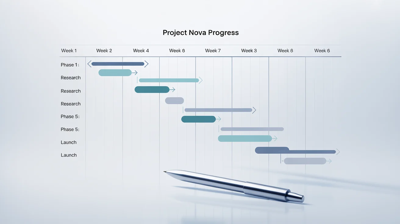A clean and modern Gantt chart demonstrating a project timeline, with tasks like 'Research', 'Design', and 'Development' plotted over several weeks.