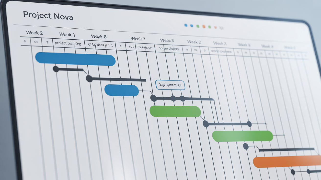 A modern and colorful Gantt chart mockup displaying project timelines and tasks for 'Project Nova' on a clean white background.