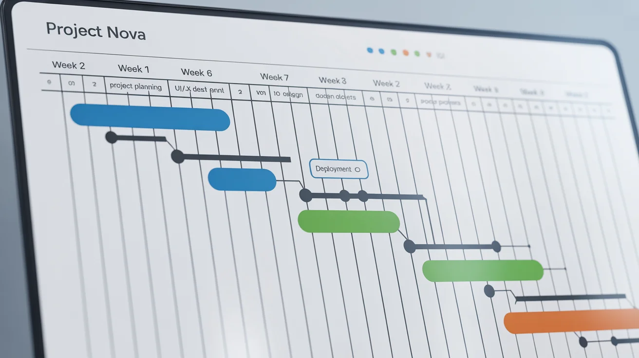 A modern and colorful Gantt chart mockup displaying project timelines and tasks for 'Project Nova' on a clean white background.