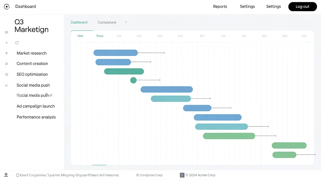 A modern Gantt chart mockup for a 'Q3 Marketing Campaign', showing project tasks like 'Market Research' and 'Content Creation' with a colorful timeline on a white background.