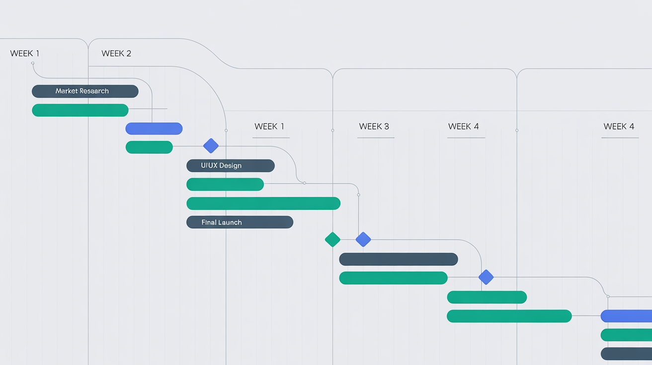 A modern, colorful Gantt chart on a white background, illustrating a project timeline with various tasks and milestones.