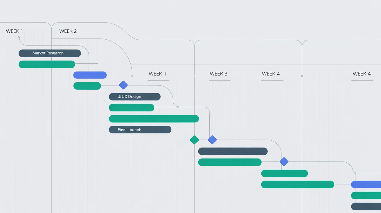 A modern, colorful Gantt chart on a white background, illustrating a project timeline with various tasks and milestones.