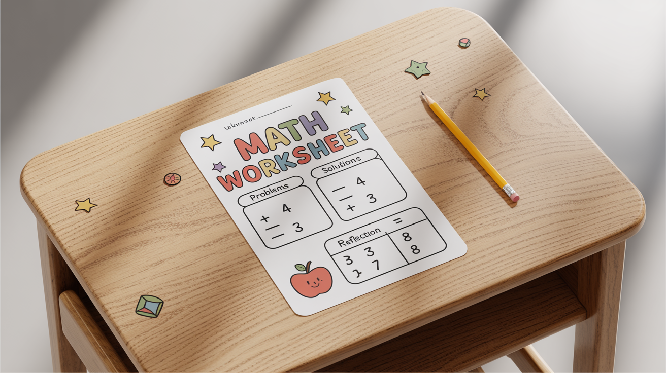 A professionally designed, colorful math worksheet titled 'MATH WORKSHEET' is shown flat-lay on a light wooden desk. The worksheet has sections for problems, solutions, and reflection, and is accompanied by a single yellow pencil, representing a finished educational tool.