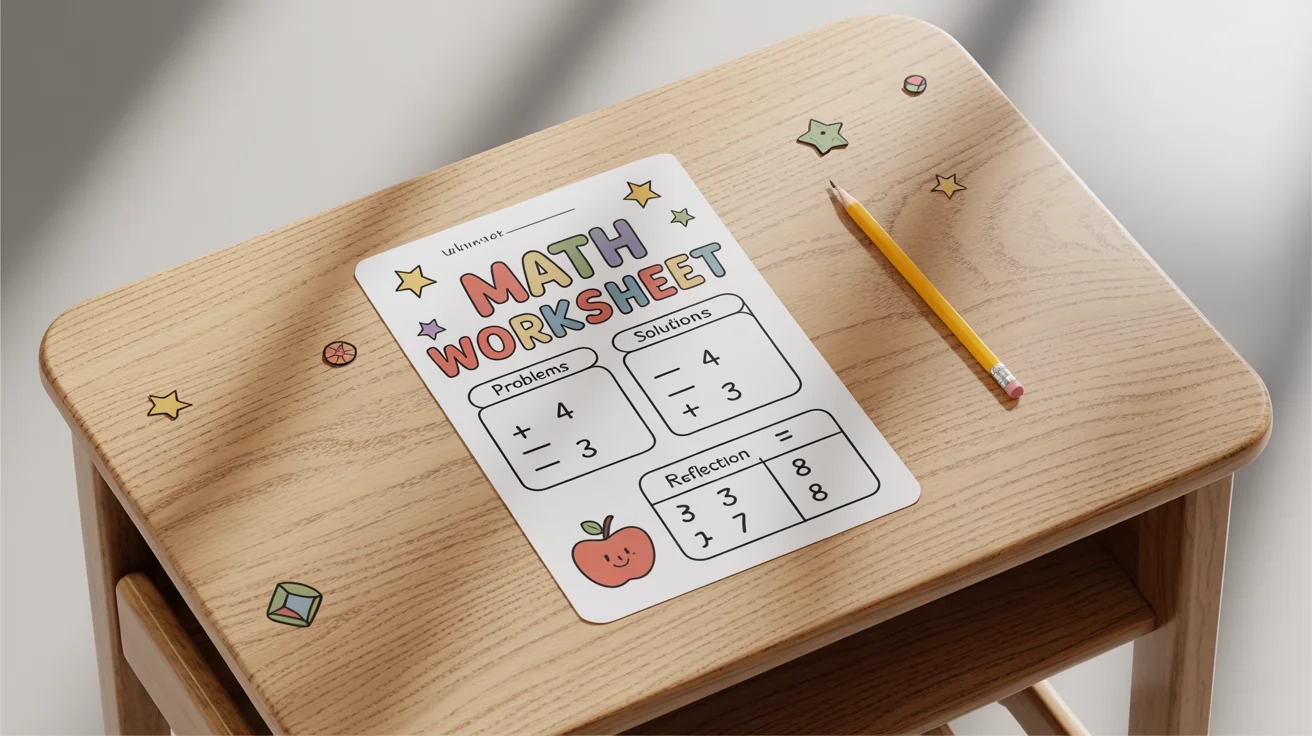 A professionally designed, colorful math worksheet titled 'MATH WORKSHEET' is shown flat-lay on a light wooden desk. The worksheet has sections for problems, solutions, and reflection, and is accompanied by a single yellow pencil, representing a finished educational tool.