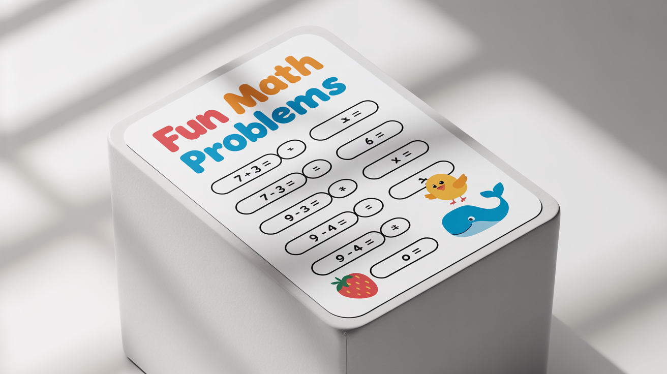 A colorful and fun children's math worksheet with simple addition and subtraction problems, decorated with cute cartoon illustrations of a sun and dinosaur, on a white background.
