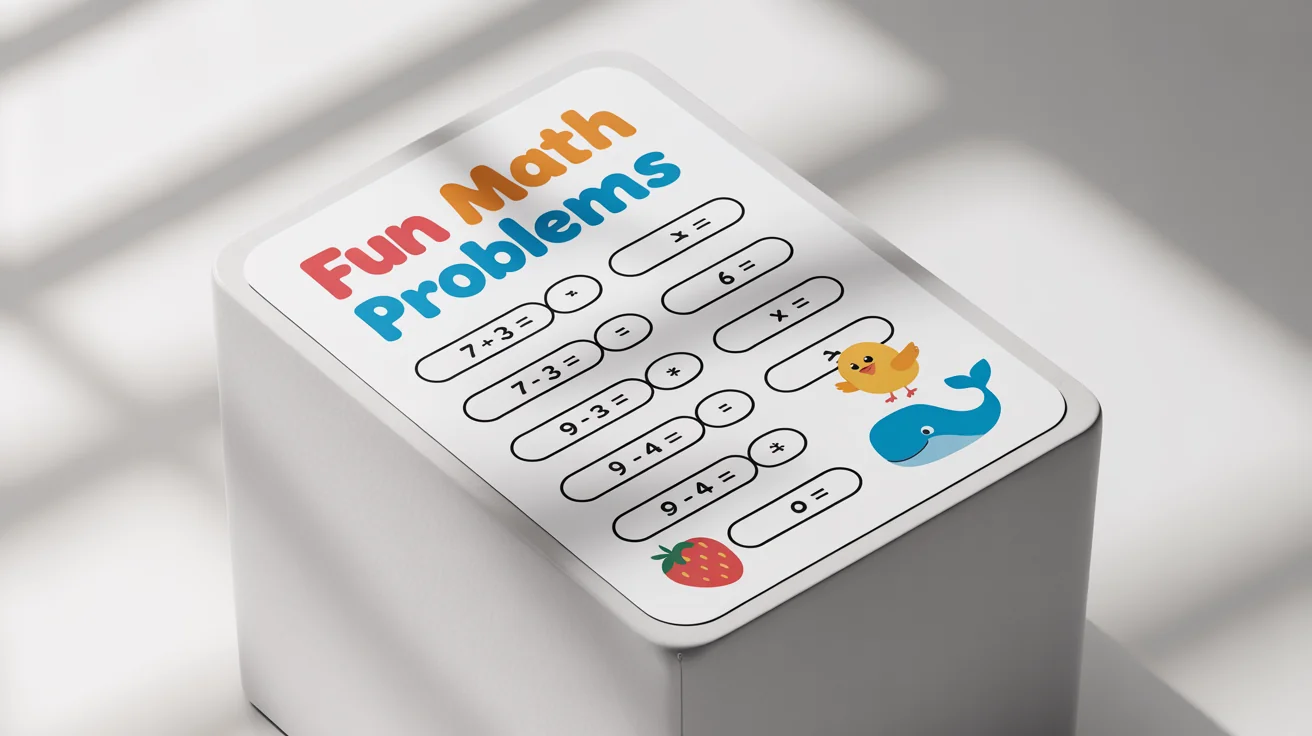 A colorful and fun children's math worksheet with simple addition and subtraction problems, decorated with cute cartoon illustrations of a sun and dinosaur, on a white background.