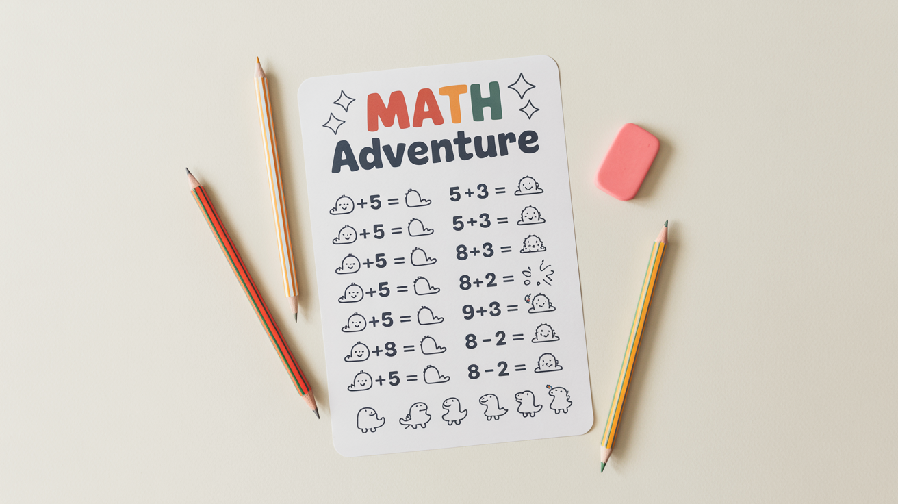 A top-down view of a children's math worksheet titled 'Math Adventure' featuring simple math problems and cute dinosaur illustrations, with colored pencils placed next to it on a white background.