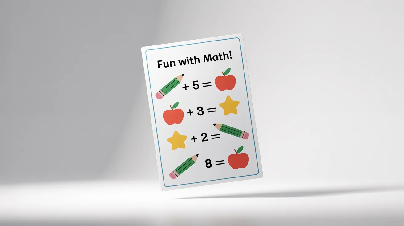 A mockup of a children's math worksheet with simple addition and subtraction problems and cute illustrations, displayed against a white background.