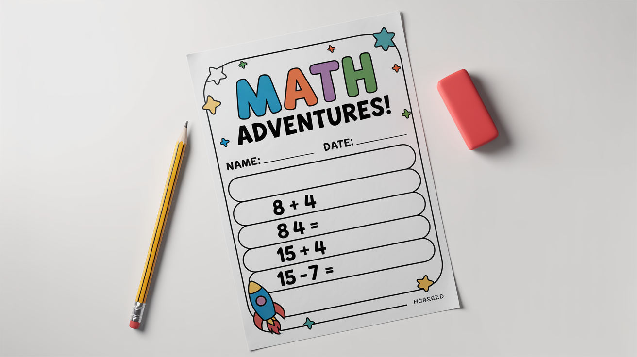 A vibrant children's math worksheet titled 'Math Adventures!' featuring simple arithmetic problems and cheerful cartoon illustrations of a rocket and stars, displayed on a white background with a pencil and eraser.