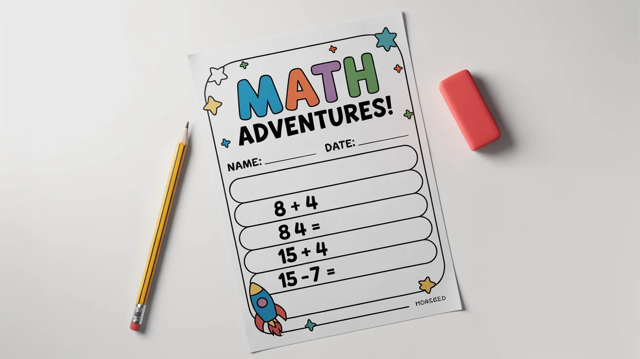 A vibrant children's math worksheet titled 'Math Adventures!' featuring simple arithmetic problems and cheerful cartoon illustrations of a rocket and stars, displayed on a white background with a pencil and eraser.