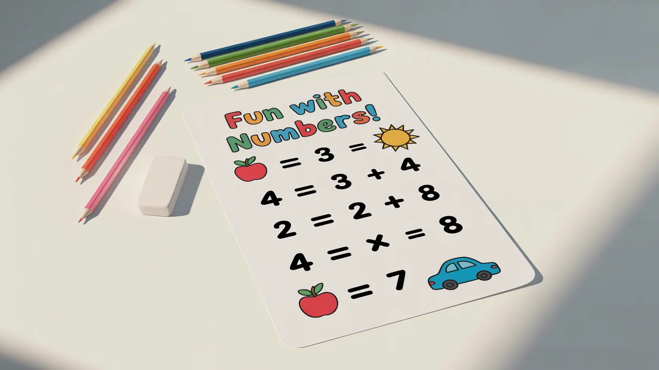 A children's math worksheet mockup with simple addition and subtraction problems and cute illustrations, laid flat on a white background with colored pencils nearby.