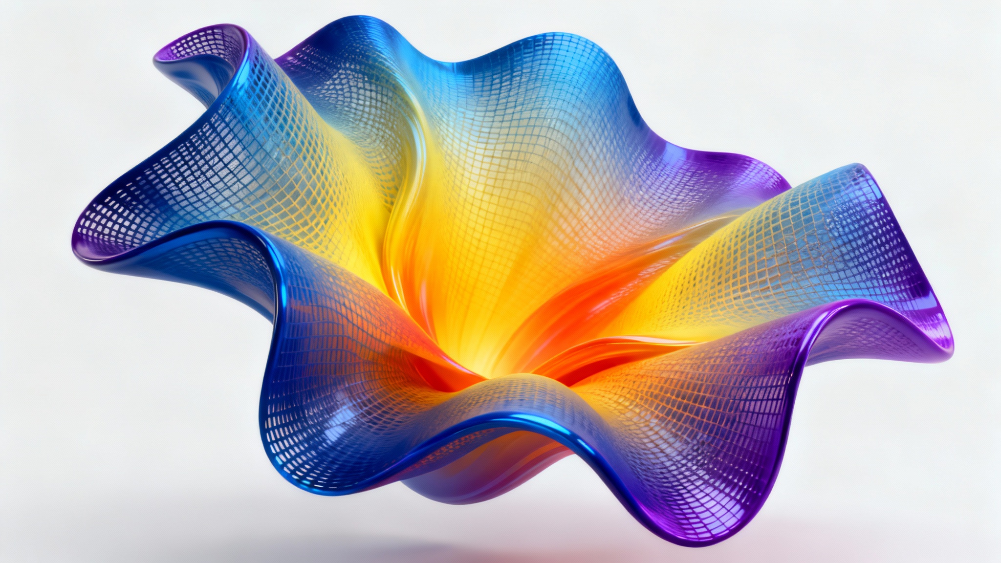 A vibrant digital artwork created with a gradient mesh technique, displayed in a 16:9 aspect ratio. The piece features flowing, interwoven shapes that transition in color from deep blue and purple to a bright yellow and orange center, creating a sense of depth and movement against a clean background.