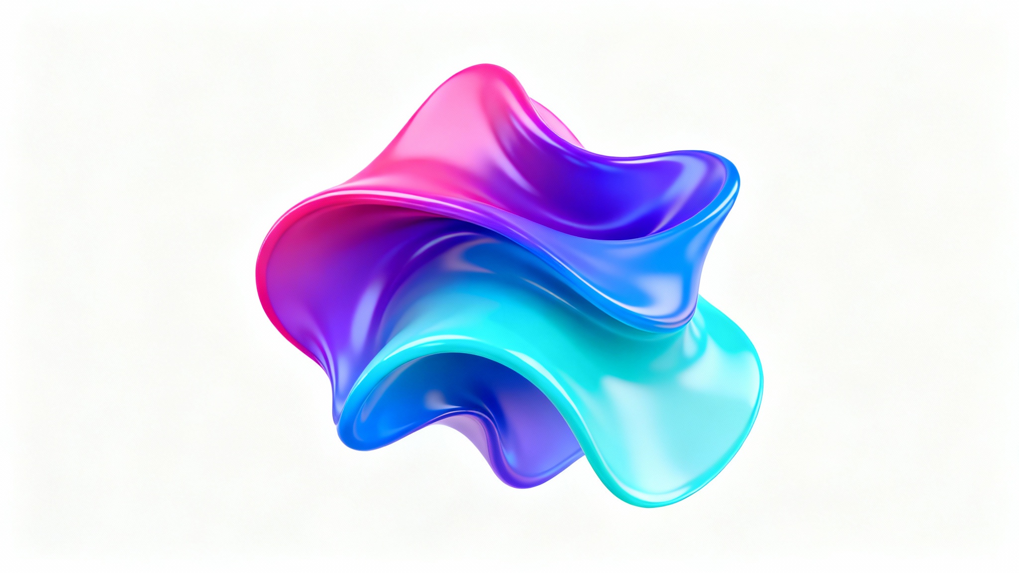 An abstract digital artwork of a flowing, 3D shape made of a smooth gradient mesh, transitioning from pink to purple and blue, set against a plain white background.