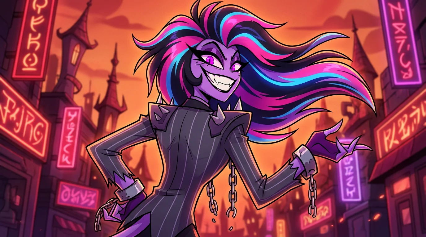 A high-quality digital illustration of a demon character designed in the style of Hazbin Hotel. The character has purple skin, multicolored hair, a wicked smile, and is wearing a spiky, torn suit, posing confidently in a neon-lit, red-hued hellish city.