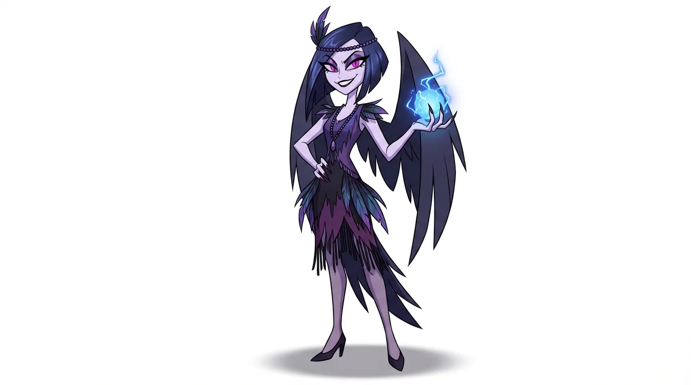 A full-body digital illustration of an original female raven demon character in the Hazbin Hotel art style. She has lavender skin, dark feathered hair, and a purple flapper dress, standing against a solid white background.