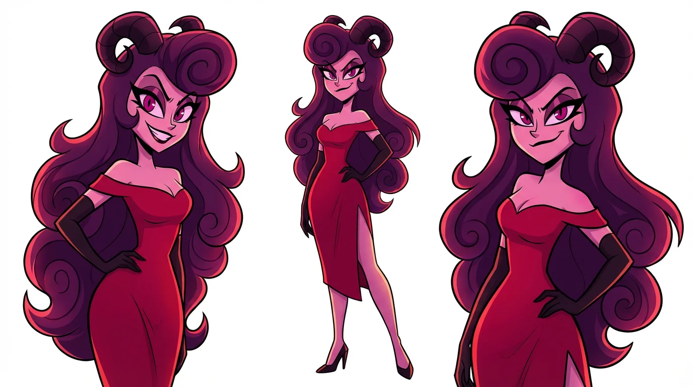 A full-body digital illustration of a female demon character in the 'Hazbin Hotel' animation style. She has purple hair, magenta eyes, and wears a striking red dress while posing confidently against a plain white background.