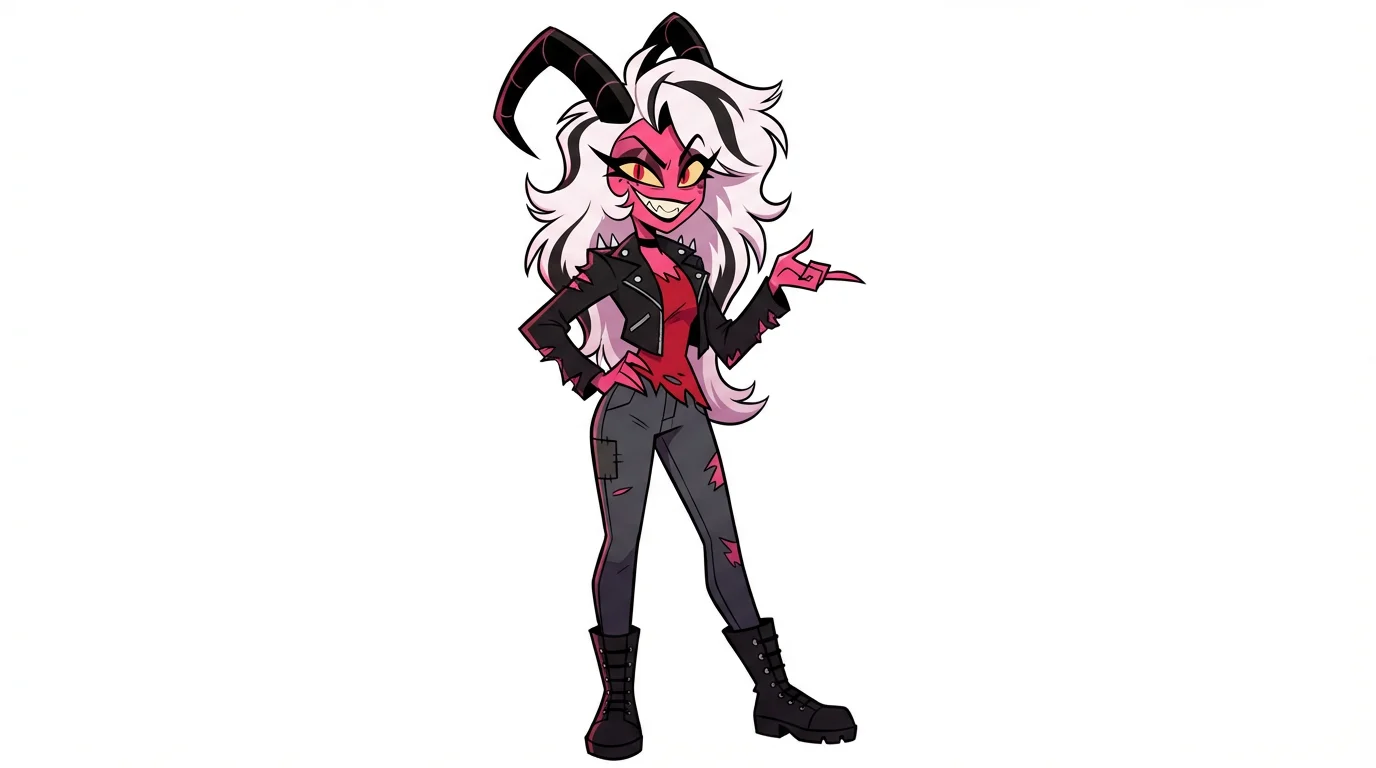 A full-body illustration of an original female demon character created in the art style of 'Hazbin Hotel', posing confidently against a plain white background.
