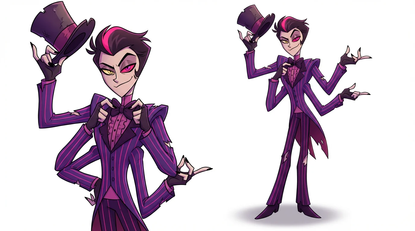 A digital illustration of an original Hazbin Hotel-style character. The character is a tall, slender spider demon in a purple 1920s tuxedo, posing dynamically against a stark white background.