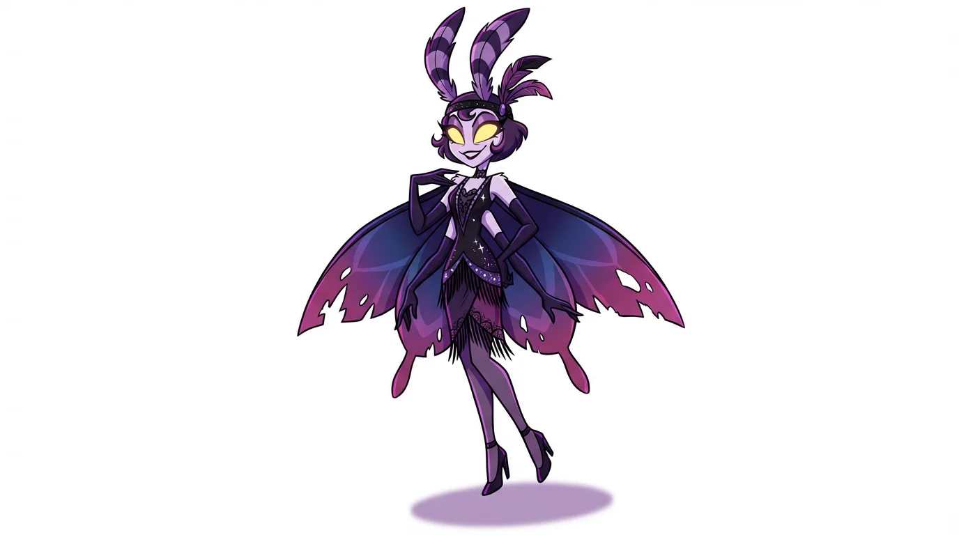A full-body digital illustration of an original character in the Hazbin Hotel style. The character is a tall, slender moth demon with four arms and tattered wings, wearing a gothic dress against a plain white background.