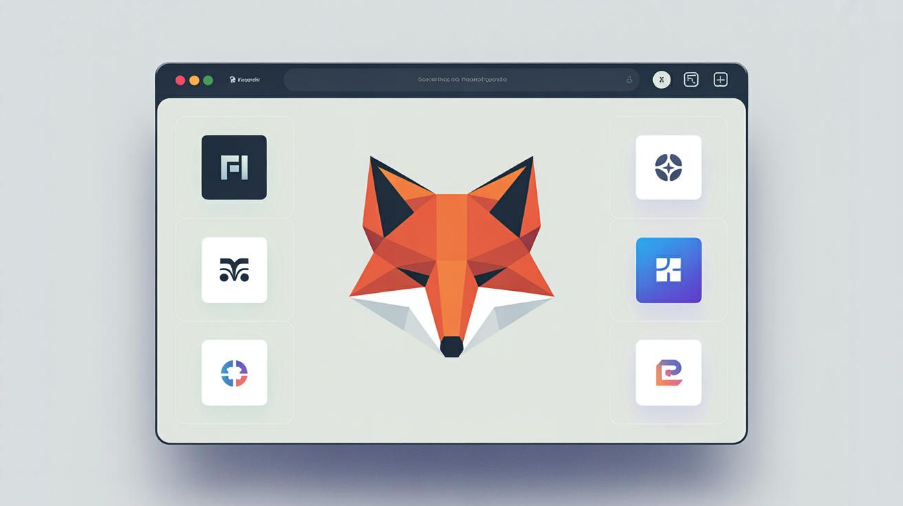 A hero image displaying a variety of professionally designed favicons. A large, featured favicon of a geometric fox is in the center, surrounded by smaller icons in a grid and within mock browser tabs, showcasing the final output of a favicon generator.