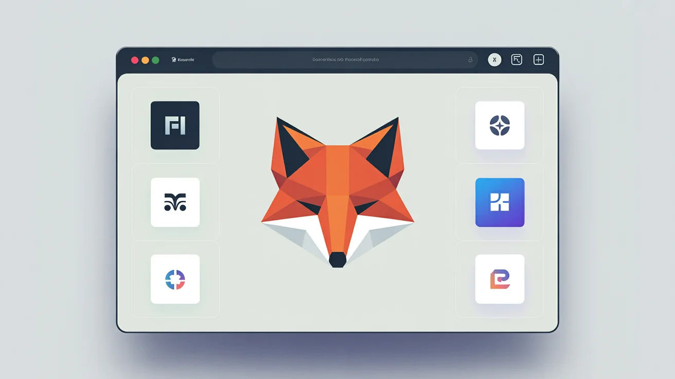 A hero image displaying a variety of professionally designed favicons. A large, featured favicon of a geometric fox is in the center, surrounded by smaller icons in a grid and within mock browser tabs, showcasing the final output of a favicon generator.