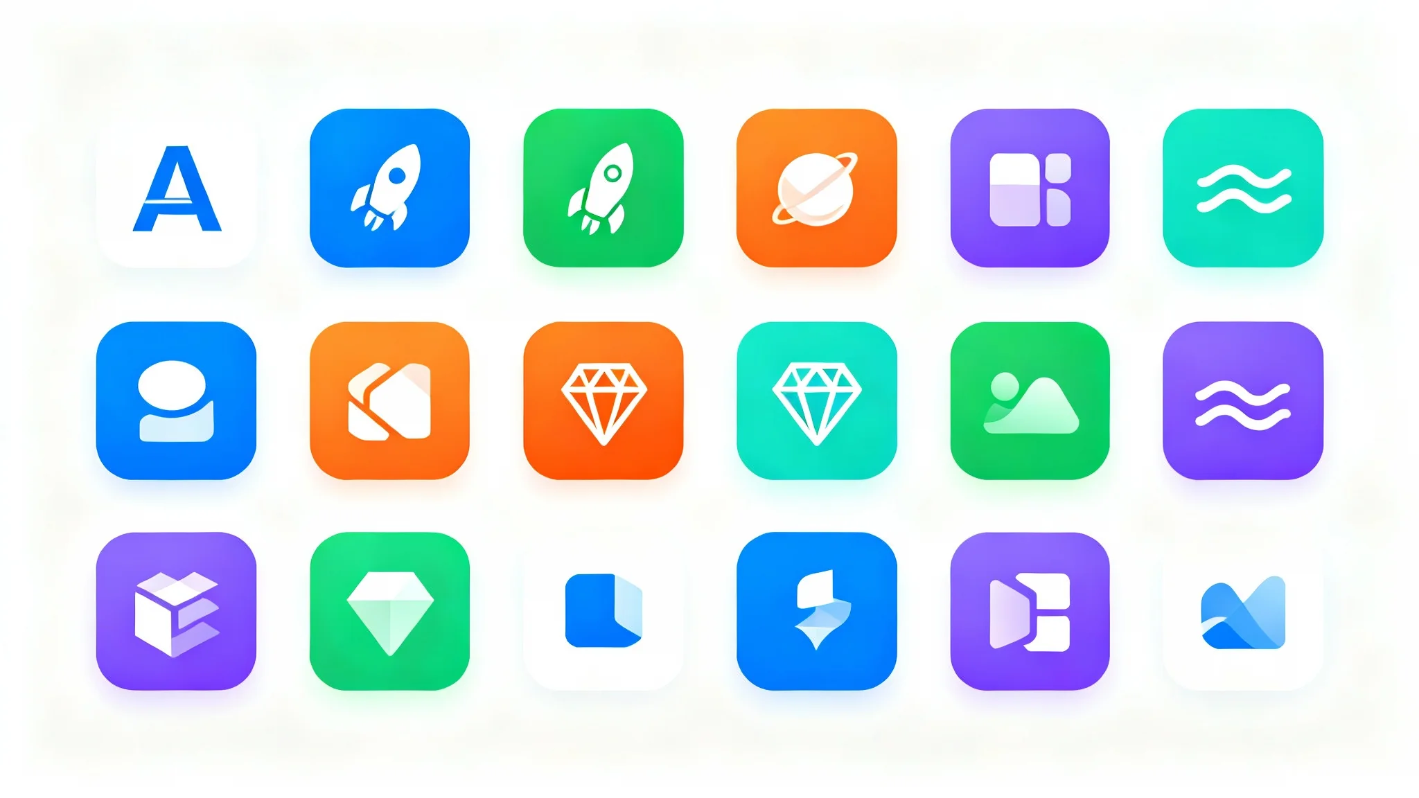 A grid of 16 colorful and minimalist favicon designs displayed on a clean white background, showcasing a variety of modern icon styles.