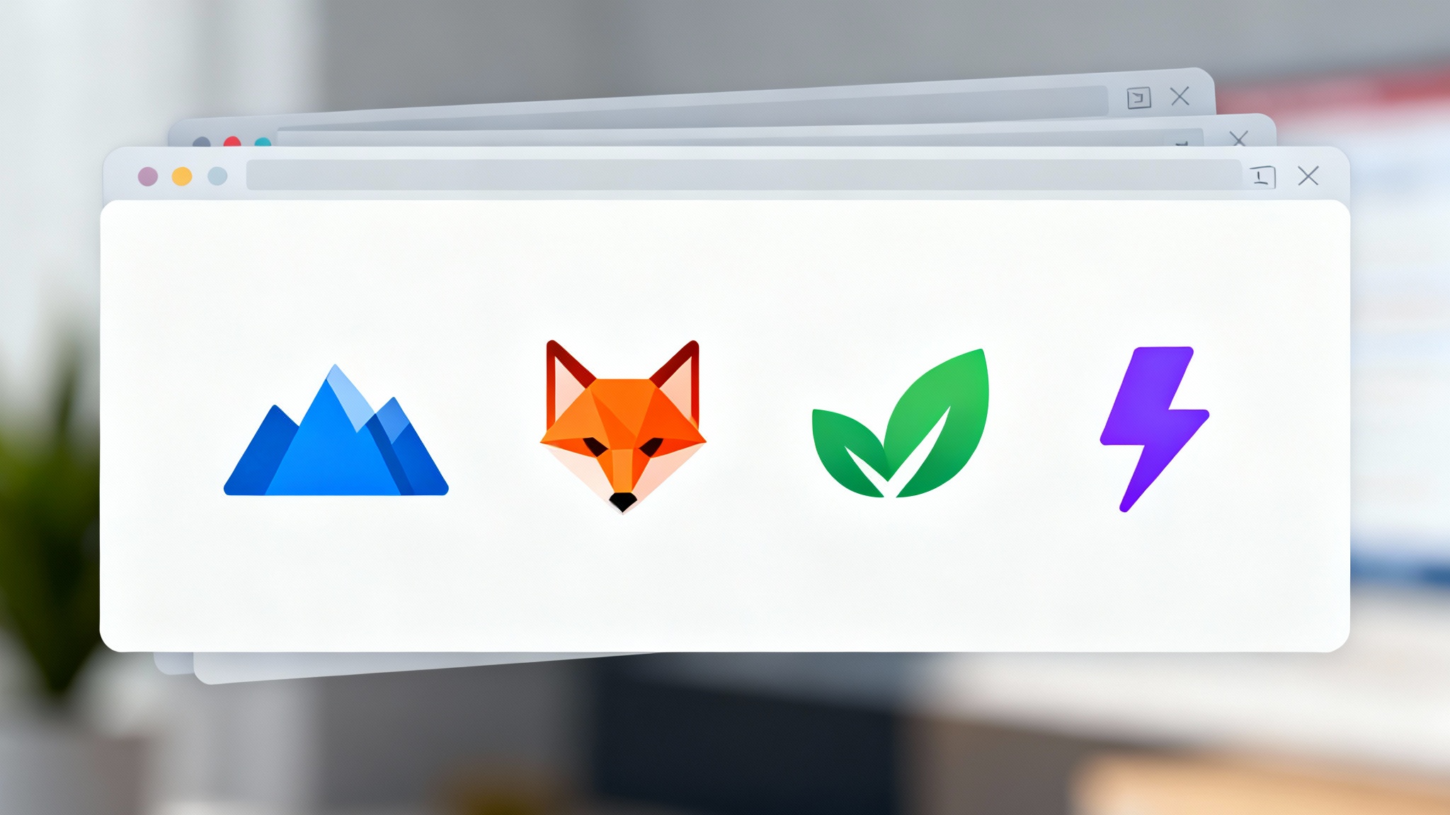 A collection of colorful and modern favicons, including a blue mountain, an orange fox, and a green leaf, displayed on a clean white background, with some shown inside simplified browser tabs.