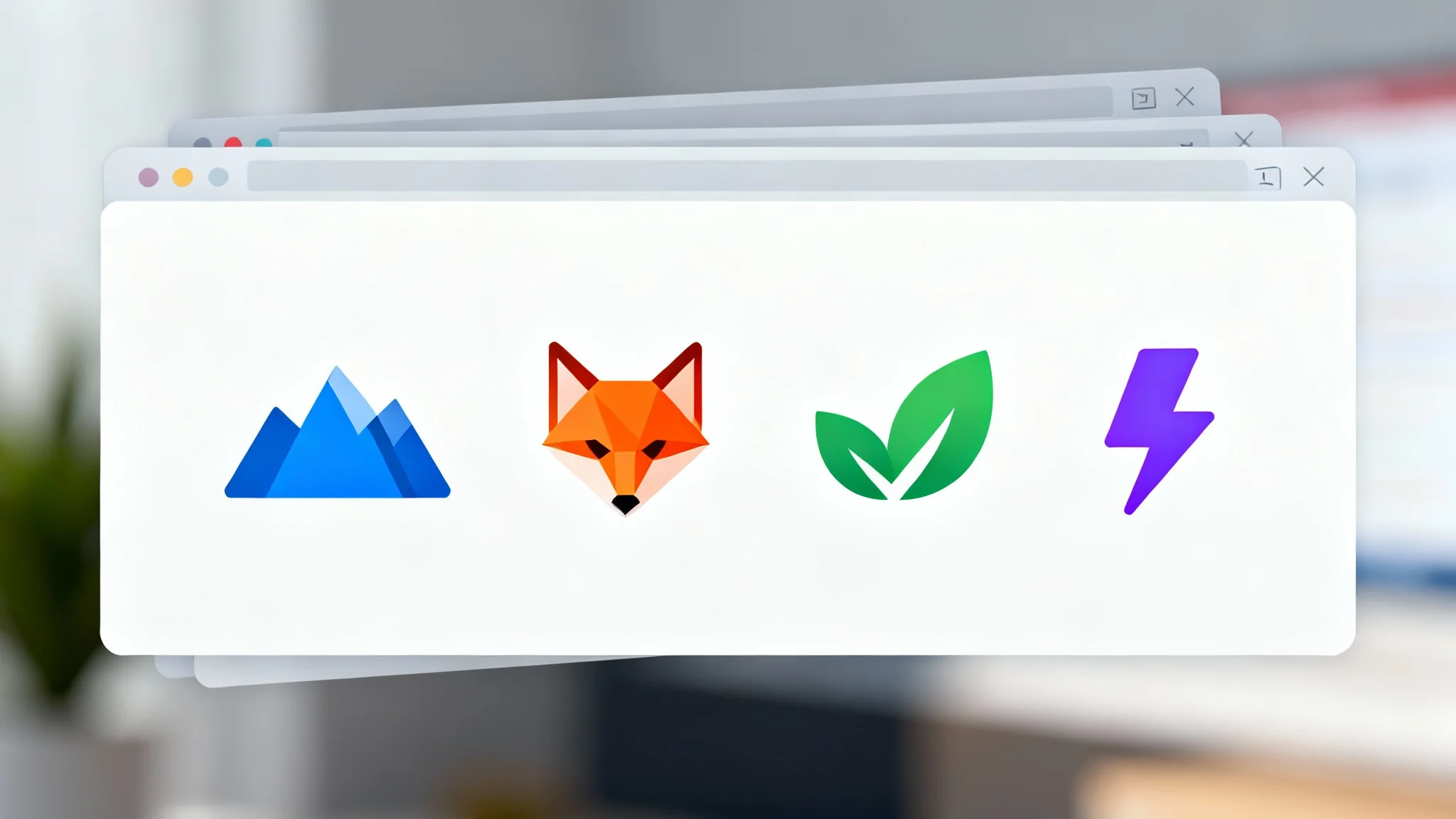 A collection of colorful and modern favicons, including a blue mountain, an orange fox, and a green leaf, displayed on a clean white background, with some shown inside simplified browser tabs.