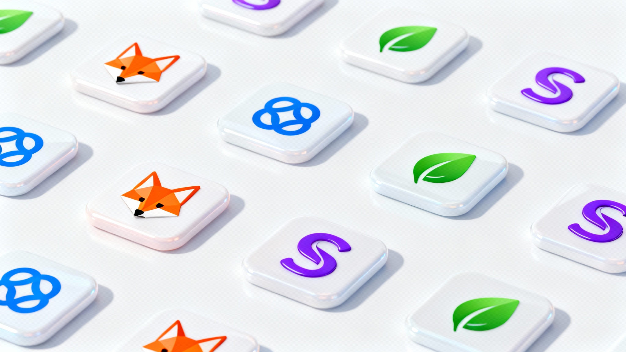 A collection of four modern, glossy favicon tiles displayed on a white background. The favicons feature minimalist designs like a fox head, interlocking circles, a leaf, and the letter S.