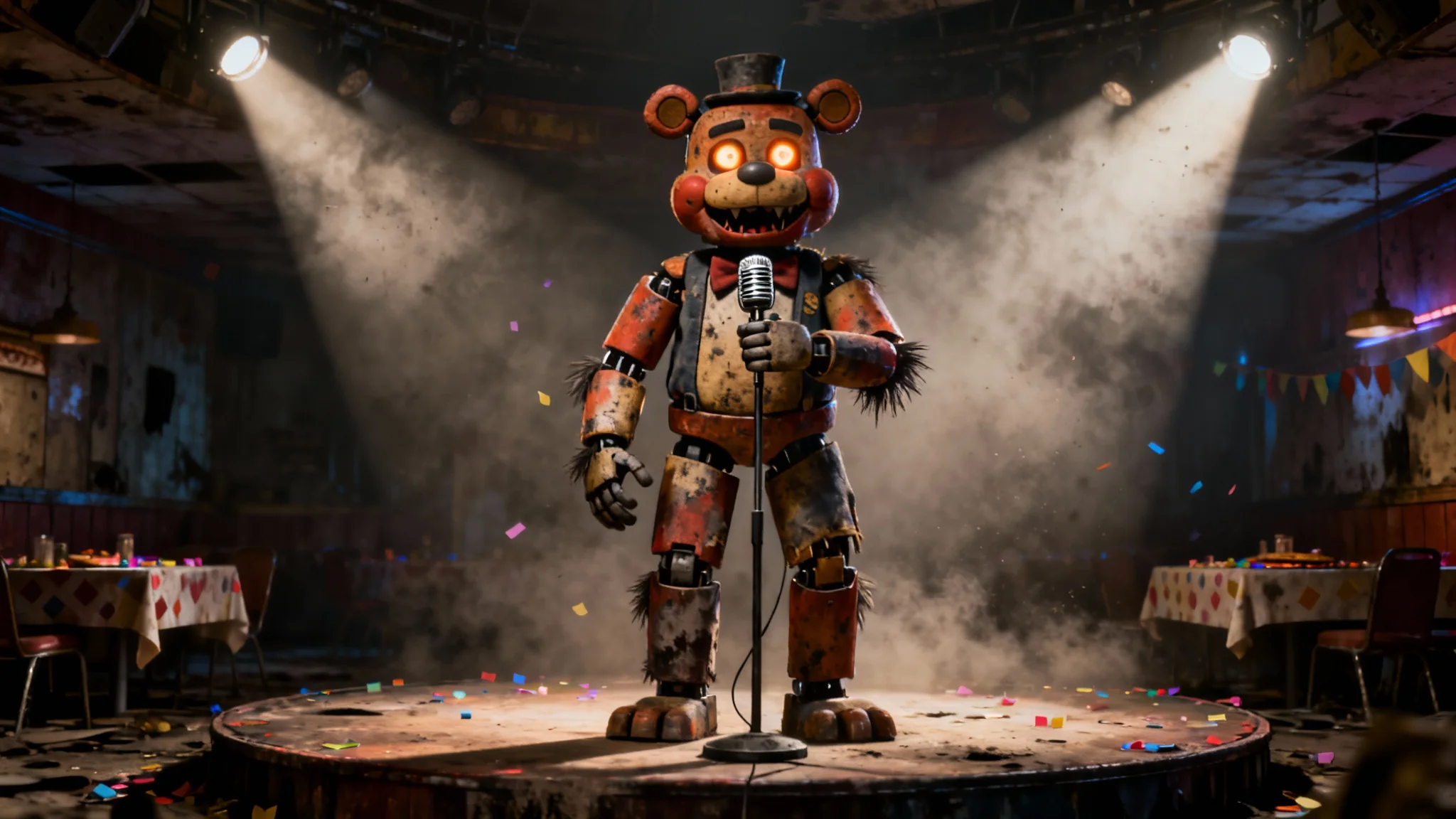 A cinematic, hyper-realistic 3D render of Freddy Fazbear from Five Nights at Freddy's, standing on a dark stage and staring menacingly at the viewer with glowing eyes, demonstrating a high-quality final render.