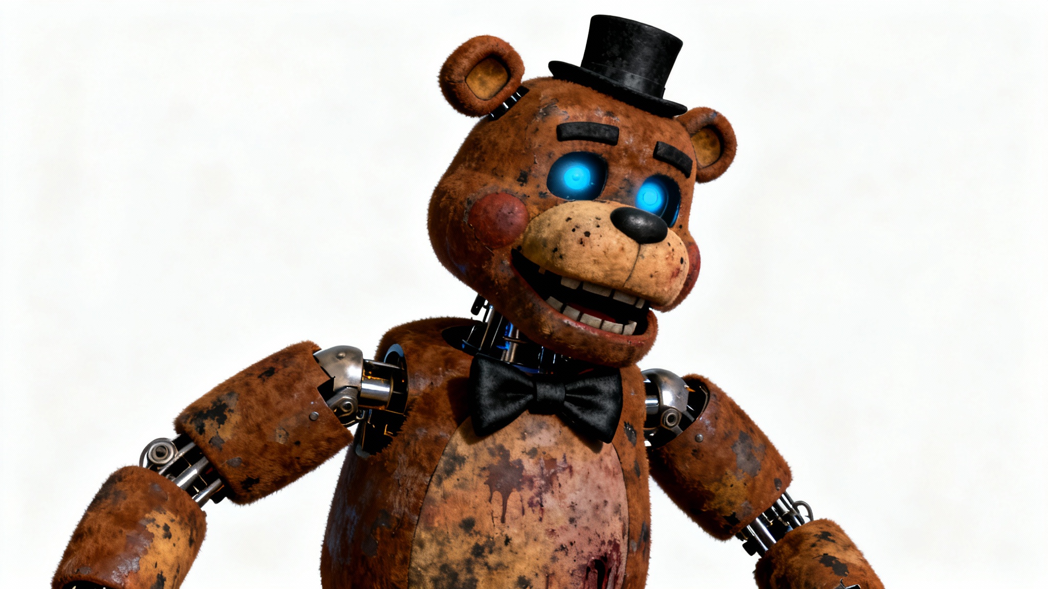 A hyper-realistic 3D render of a creepy animatronic bear, similar to Freddy Fazbear from FNAF, standing against a stark white background. Its blue eyes have a faint, eerie glow.