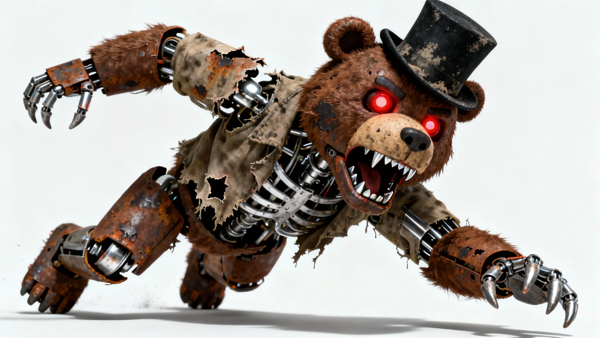 A photorealistic 3D render of a menacing animatronic bear with glowing red eyes, lunging forward against a clean white background, in the style of Five Nights at Freddy's.