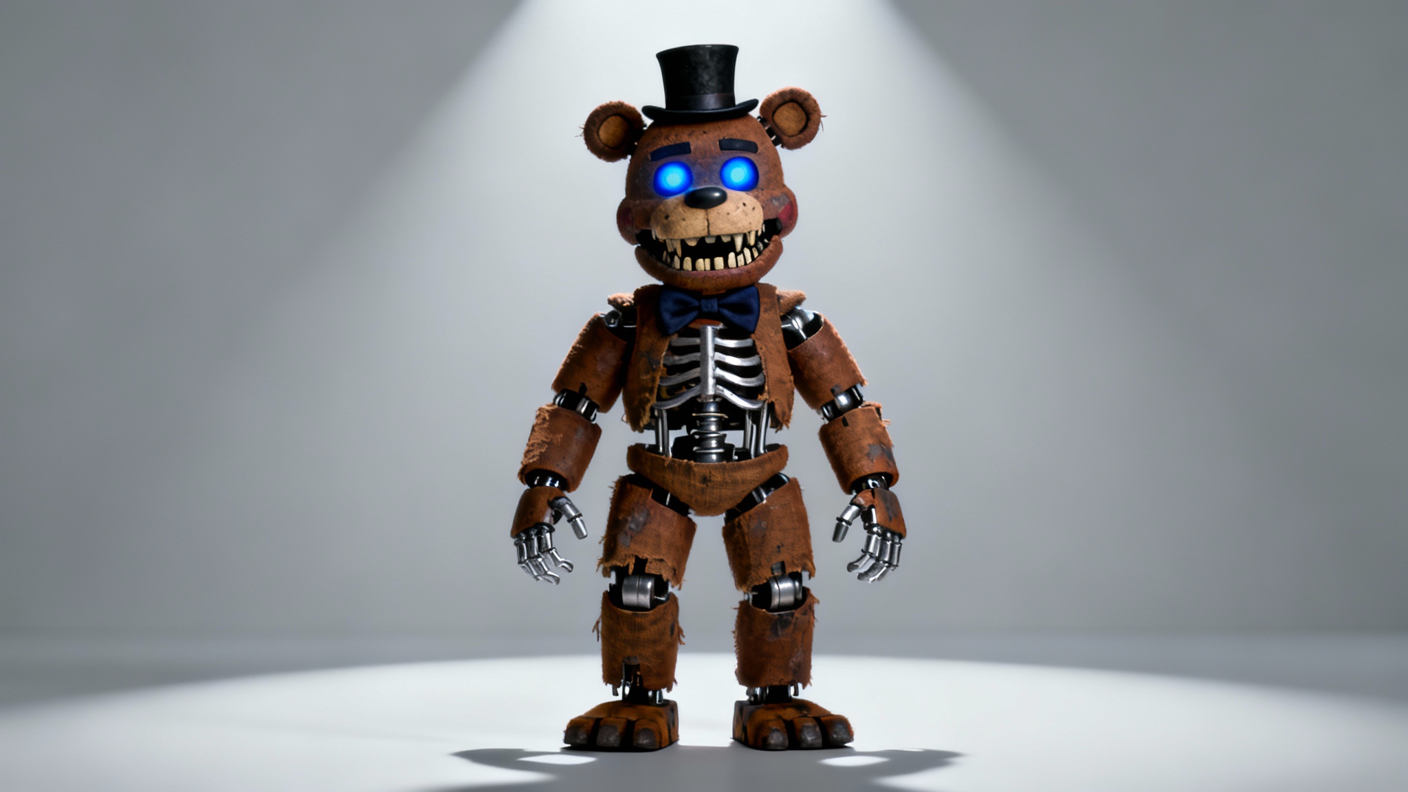 A hyper-realistic 3D render of a menacing animatronic bear, inspired by the game Five Nights at Freddy's, standing against a plain white background.